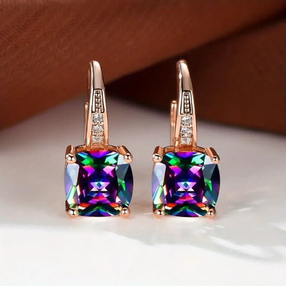 Vibrant Mystic Rose Gold Square Rainbow Color Zircon Earrings - Picture 5 of 5